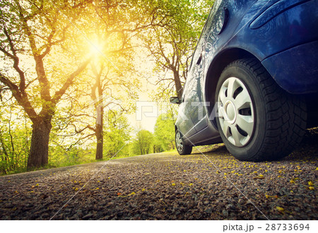 Car on asphalt road in spring Car on asphalt road in spring 28733694