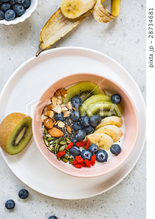 Varieties of fruits and nuts on Greek yogurt Varieties of fruits and nuts on Greek yogurt 28734681