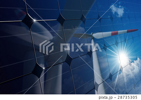 Solar Panel with Reflection of Wind Turbines 28735305