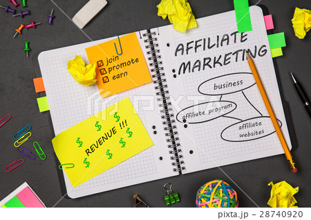Open notepad with affiliate marketing sketch Open notepad with affiliate marketing sketch 28740920