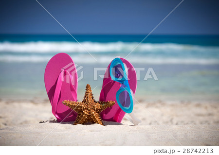 Pink flip flops, swimming glasses and starfish Pink flip flops, swimming glasses and starfish 28742213