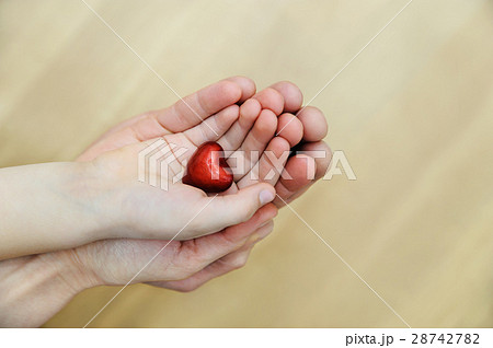 The small red heart is in the hands. 28742782