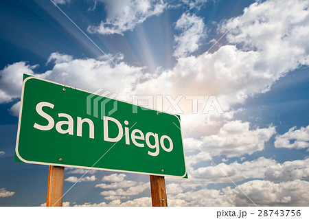 San Diego Green Road Sign Over Clouds San Diego Green Road Sign Over Clouds 28743756