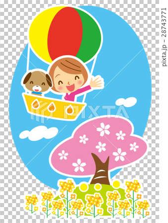 Dogs and women enjoying air travel with spring balloon 28743771