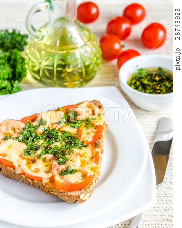 Sandwich with melted cheese and tomatoes Sandwich with melted cheese and tomatoes 28743923
