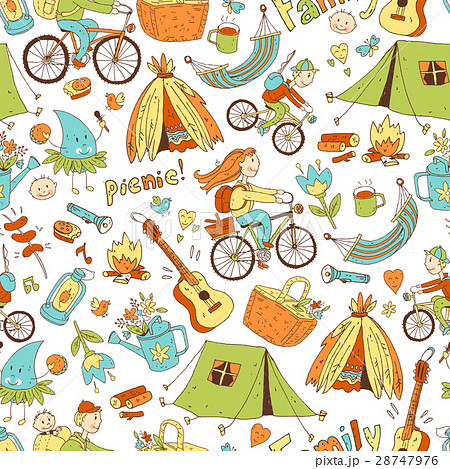 Vector seamless pattern with cute doodle family 28747976