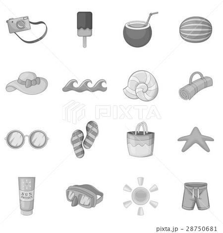 Summer items icons set, monochrome style Summer items icons set, monochrome style 28750681