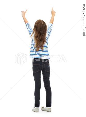 girl pointing fingers at something invisible 28751858