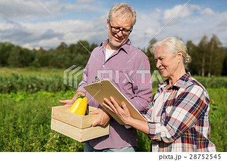 senior couple with box of vegetables at farm senior couple with box of vegetables at farm 28752545