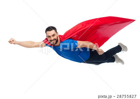 happy man in red superhero cape flying on air 28755827