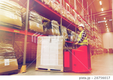 man on forklift loading cargo at warehouse man on forklift loading cargo at warehouse 28756017