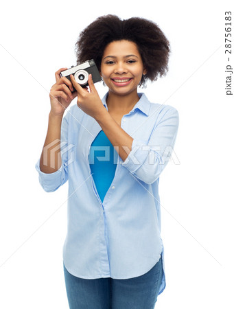happy african american woman with film camera happy african american woman with film camera 28756183