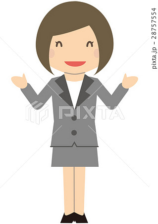 かわいいビジネスウーマン　ボブでグレーのスーツの女性　満面の笑みで説明 28757554