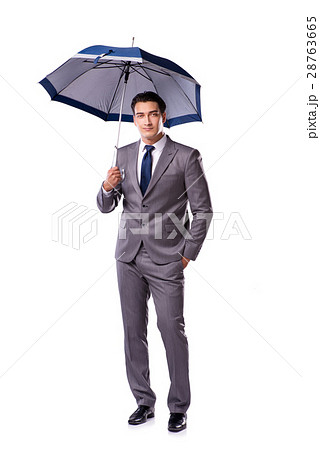 Businessman with umbrella isolated on white 28763665