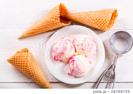 ice cream scoops with strawberry syrup 28769739