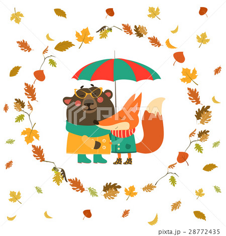 Cute fox and bear hugging under umbrella in wreath 28772435
