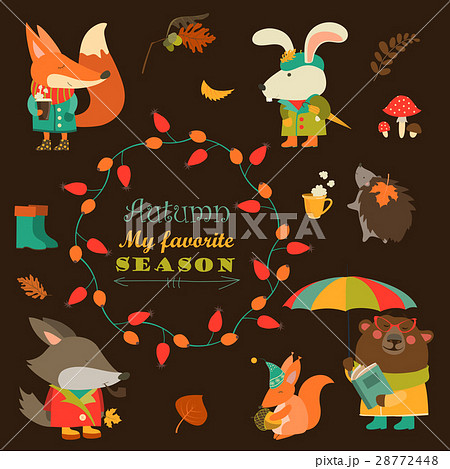 Set of cartoon characters and autumn elements 28772448