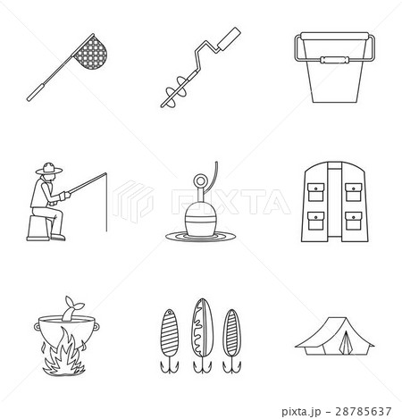 Hunting for fish icons set, outline style Hunting for fish icons set, outline style 28785637