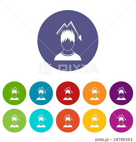 Man with falling red graph over head set icons 28786363