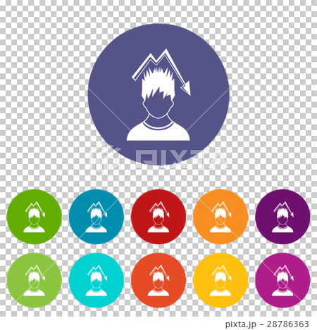 Man with falling red graph over head set icons 28786363