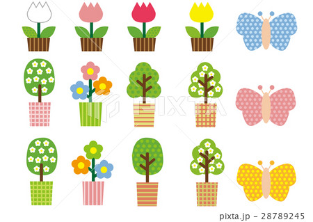 ポップな観葉植物と花と蝶のイラスト素材 28789245 Pixta