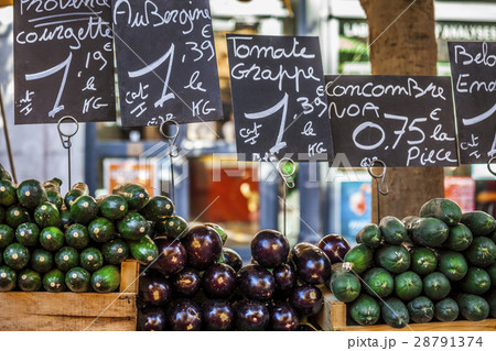 Market table with eggplants, zucchini and cucumber 28791374