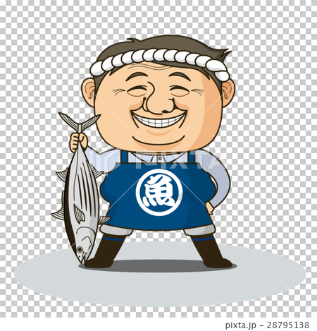 チラシやパンフレットやwebで使用できるカツオを豪快に持ち上げた魚屋さんのカットイラスト 28795138