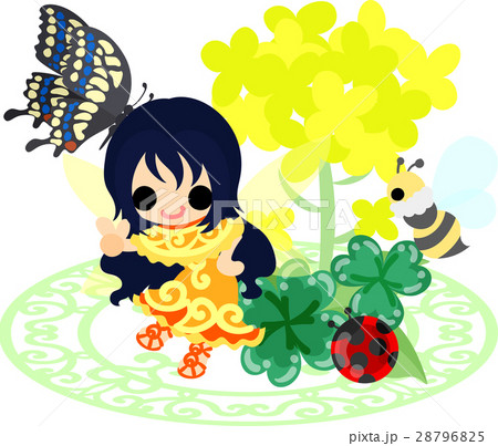 可愛い妖精と綺麗な菜の花と蝶と蜂とてんとう虫とクローバーのイラスト素材