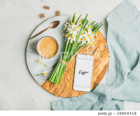 Cup of morning coffee, bucket of flowers and Cup of morning coffee, bucket of flowers and 28804418