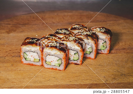 sushi on a wooden tray sushi on a wooden tray 28805547
