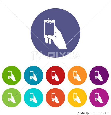 Hand taking pictures on cell phone set icons Hand taking pictures on cell phone set icons 28807549