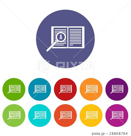 Magnifying glass over open book set icons 28808764