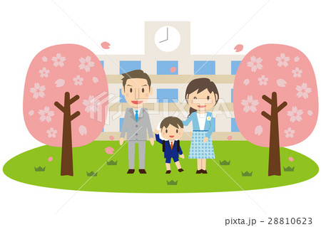 かわいい家族　息子の小学校入学式　小学校と桜 28810623