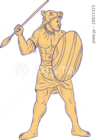 African Warrior Wolf Mask Spear Drawing African Warrior Wolf Mask Spear Drawing 28815325