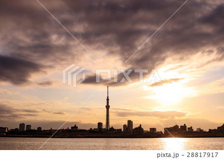 都市風景 荒川河川敷からの青む夕景の東京スカイツリー 都市風景 荒川河川敷からの青む夕景の東京スカイツリー 28817917