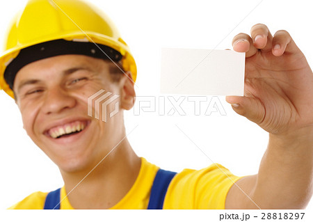 Worker showing his business card and smile Worker showing his business card and smile 28818297