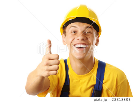 Young cheerful worker showing thumb up sign Young cheerful worker showing thumb up sign 28818303