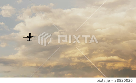 Passenger airplane taking off at sunset against 28820026