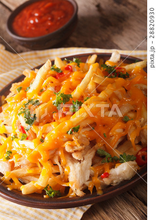 french fries with cheddar cheese and chicken 28820930
