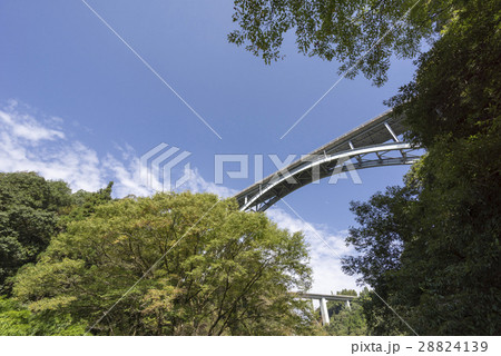 高千穂峡から見上げる大橋と神都高千穂大橋と青空の写真素材