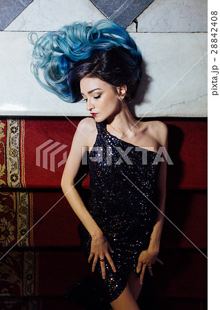 Fashion portrait of gorgeous girl with blue dyed Fashion portrait of gorgeous girl with blue dyed 28842408