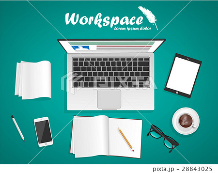 workspace with laptop, phone, notebook 28843025