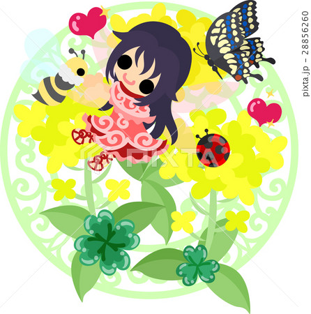 可愛い妖精と綺麗な菜の花と蜂とてんとう虫と蝶のイラスト素材