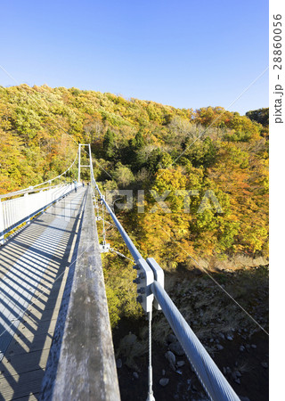 橋長120mの東北一大きな吊り橋,横川渓谷公園やまびこ吊橋,高さ20mから眺める不忘山はまさに絶景 28860056