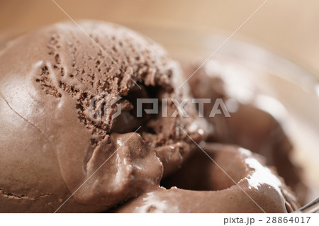 chocolate ice cream in glass bowl on wooden table chocolate ice cream in glass bowl on wooden table 28864017