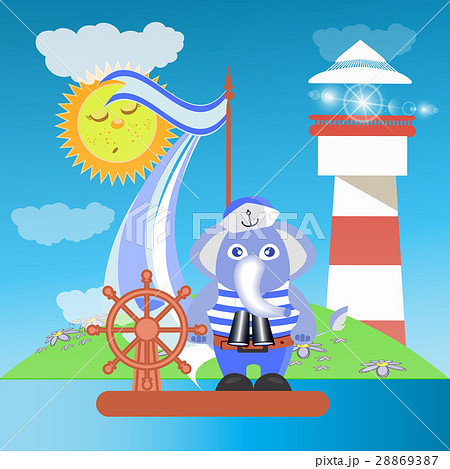 Elephant on the ship at sea with the lighthouse 28869387