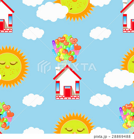sleeping sun and house on a balloon with clouds. 28869488