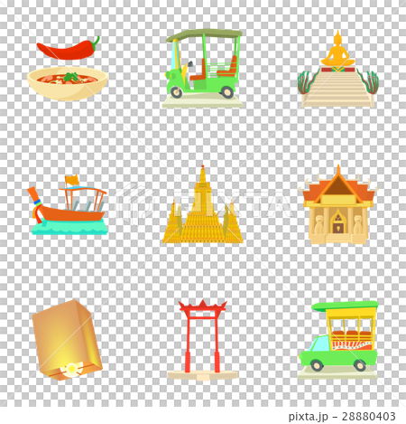 Attractions of Thailand icons set, cartoon style Attractions of Thailand icons set, cartoon style 28880403
