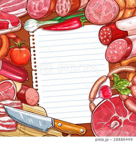 Meat and sausages with recipe or menu blank paper Meat and sausages with recipe or menu blank paper 28886449