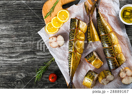 Smoked fish Mackerel or Scombe, top view Smoked fish Mackerel or Scombe, top view 28889167